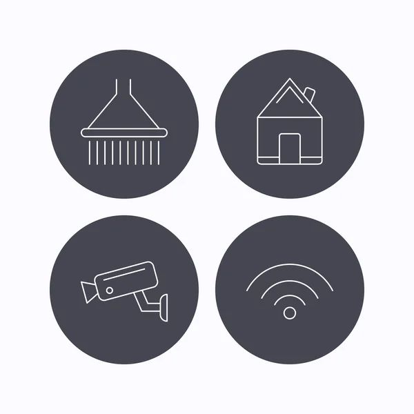 Wi-fi, monitoreo de video e iconos inmobiliarios . — Vector de stock