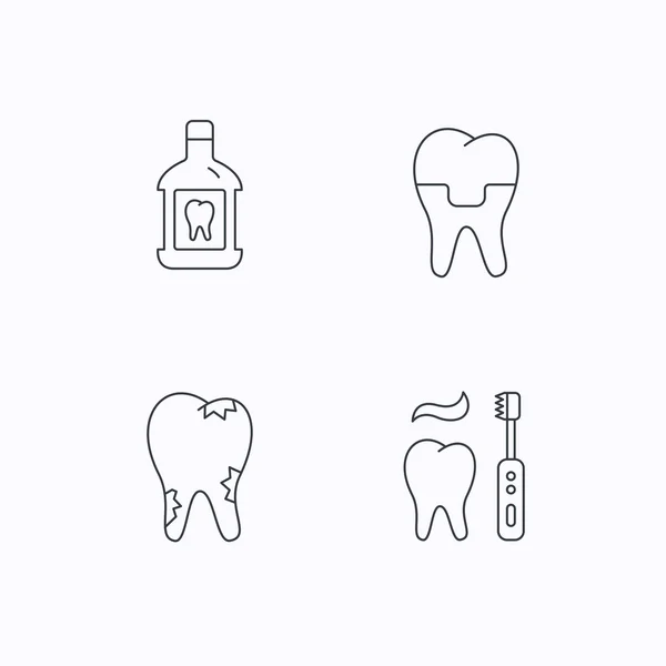 Caries, corona dental e iconos de enjuague bucal . — Vector de stock