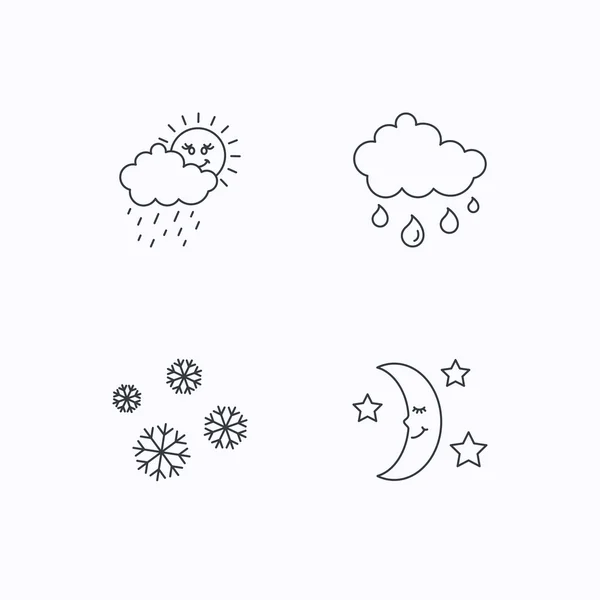 Clima, copos de nieve e iconos de lluvia. Noche de luna . — Vector de stock