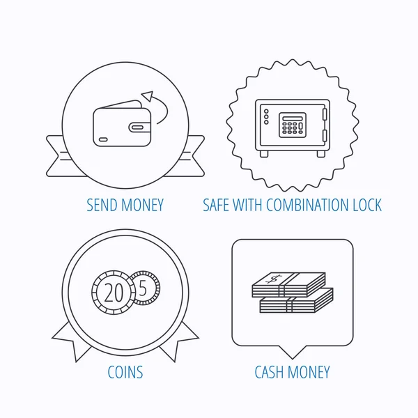 Munten, contant geld en portefeuille pictogrammen. — Stockvector