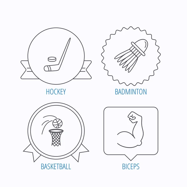 Iconos de hockey sobre hielo, baloncesto y bádminton . — Vector de stock