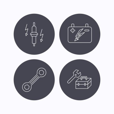 Akümülatör, spanner aracı ve araba servisi simgeleri.