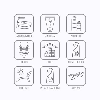 Otel, havuz ve plaj şezlong simgeler.