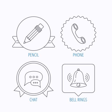 Sohbet konuşma balonları, çan ve kalem simgeleri.