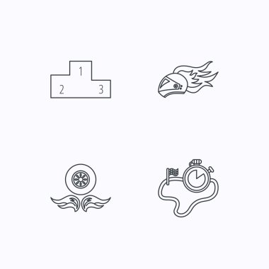 Kazanan podyum, yarış zamanlayıcı ve tekerlek üzerinde ateş.