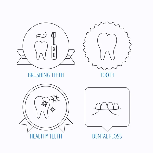 Dental floss, tooth and healthy teeth icons. — Stock Vector