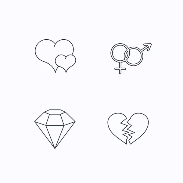 Coração de amor, diamante brilhante e ícones masculinos, femininos . — Vetor de Stock