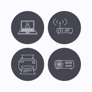 Yazıcı, kablosuz yönlendirici ve projektör simgeler.