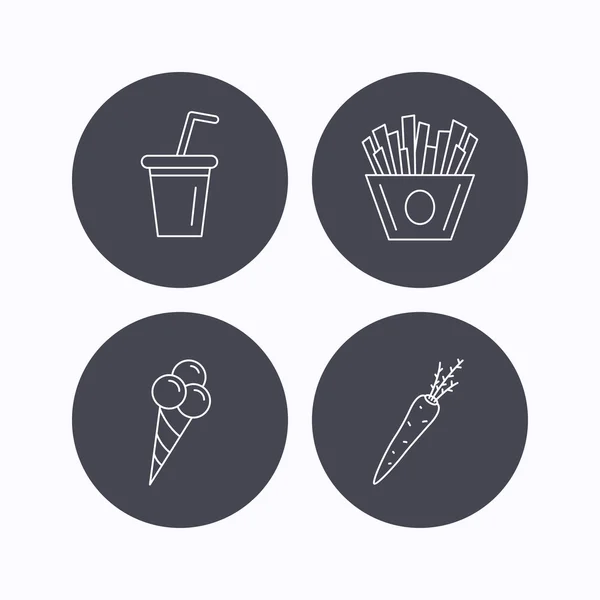 감자 튀김, 아이스크림, 청량 음료 아이콘 칩. — 스톡 벡터