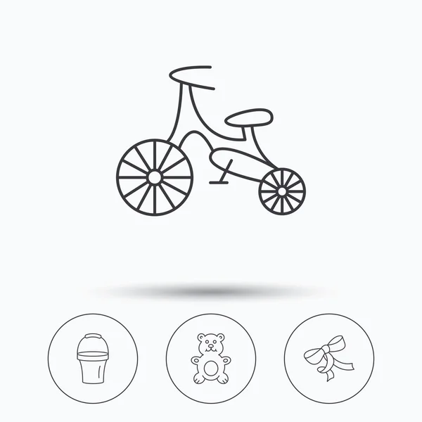 Primera bicicleta, cubo y oso iconos de juguete . — Vector de stock