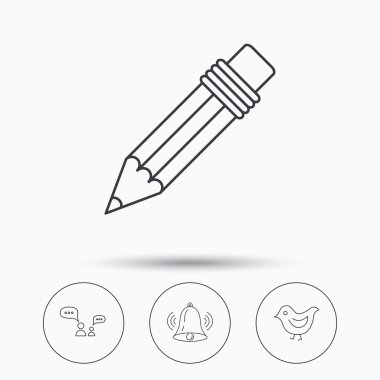 Diyalog, kalem ve kuş simgeler.