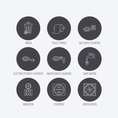 Havalandırma, radyatör ve su sayacı simgeleri.