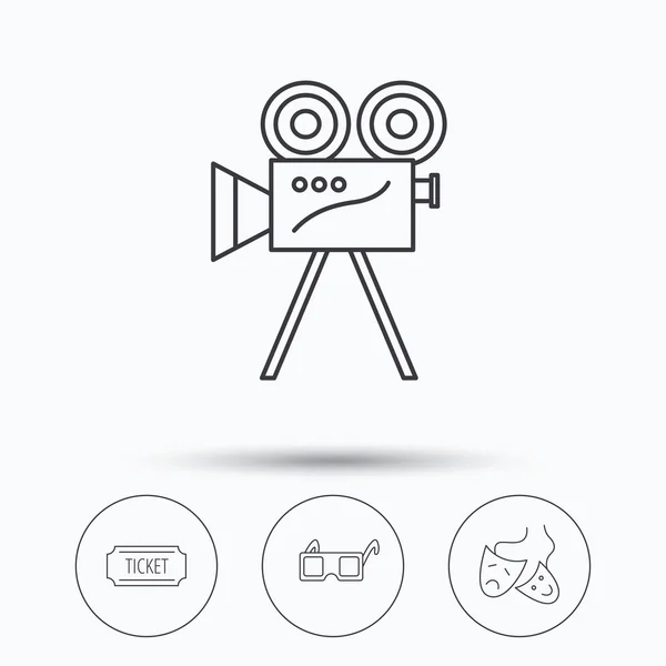 Ticket, video camera and theater masks icons. — Stock Vector