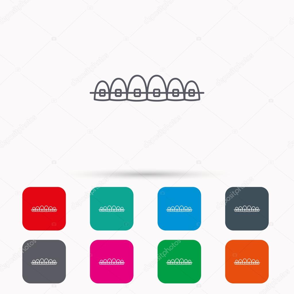 Dental braces icon. Teeth healthcare sign. Orthodontic symbol. Linear icons in squares on white background. Flat web symbols. Vector