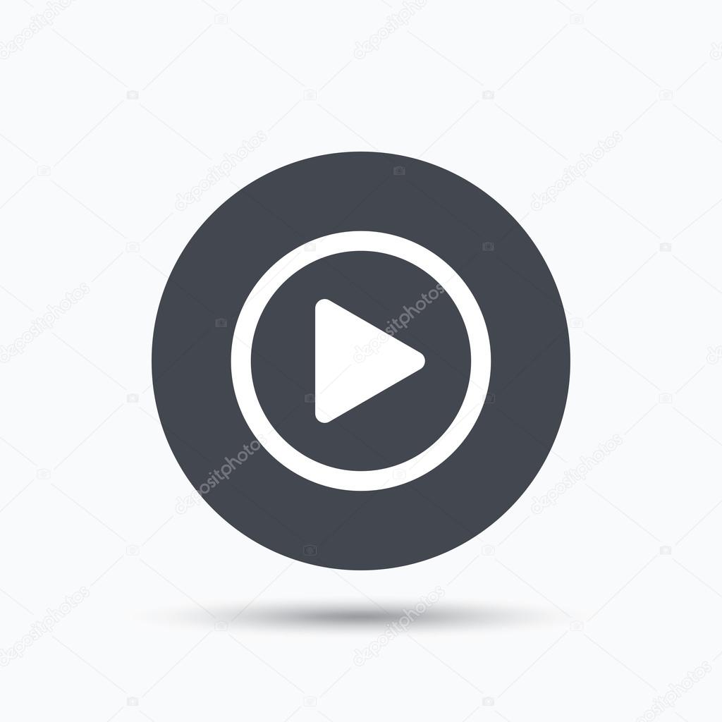 Play icon. Audio or Video player symbol. Flat web button with icon on white background. Gray round pressbutton with shadow. Vector