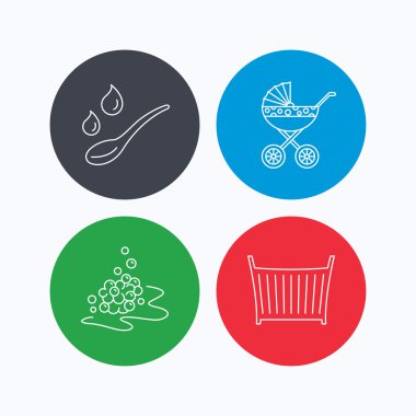 Çocuk arabası taşıma, kaşık ve damla simgeler.