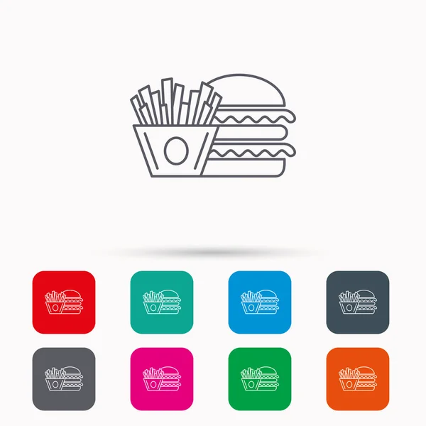 Icono de hamburguesa y patatas fritas. Chips, signo de bocadillo . — Vector de stock