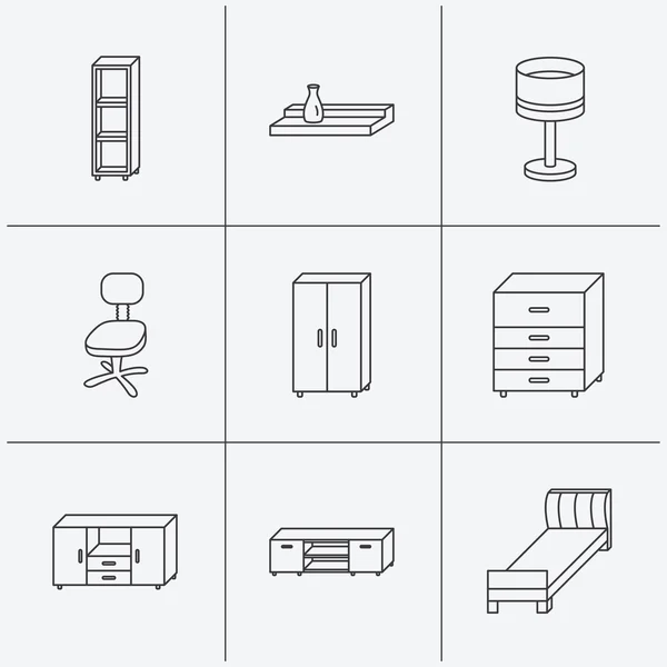 Cama individual, mesa de TV e iconos de estanterías . — Vector de stock