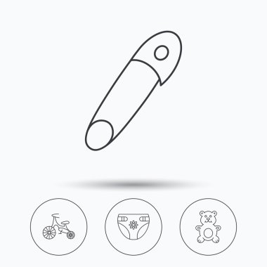 Ayı oyuncak, çocuk bezi ve ilk bisiklet simgeler.