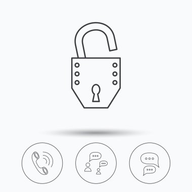 Telefon, sohbet konuşma balonları ve kilit simgeleri.