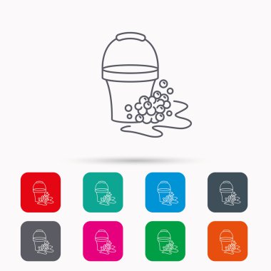 Sabunlu temizlik simgesi. Köpük ve kabarcık ile kova.