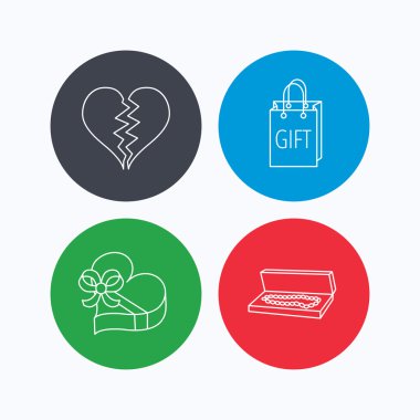 Kırık kalp, hediye kutusu ve düğün takı simgeler.