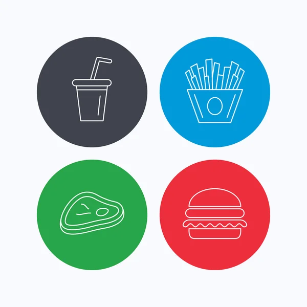 Hambúrguer, carne e refrigerantes ícones . — Vetor de Stock