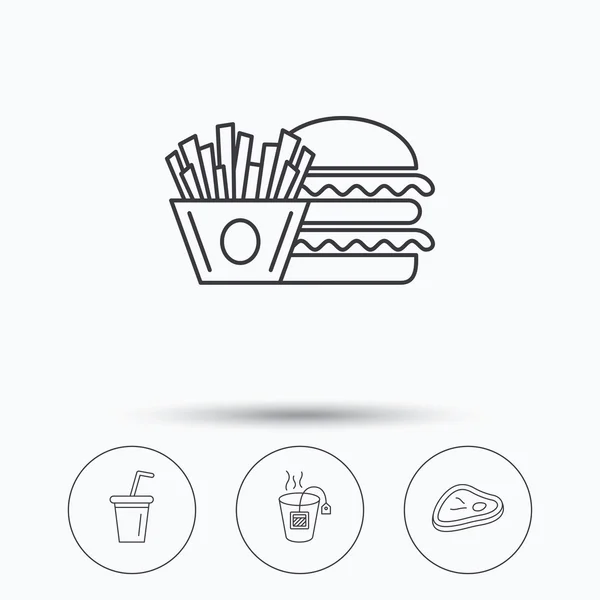 Hamburguesa, carne y refrescos iconos . — Vector de stock