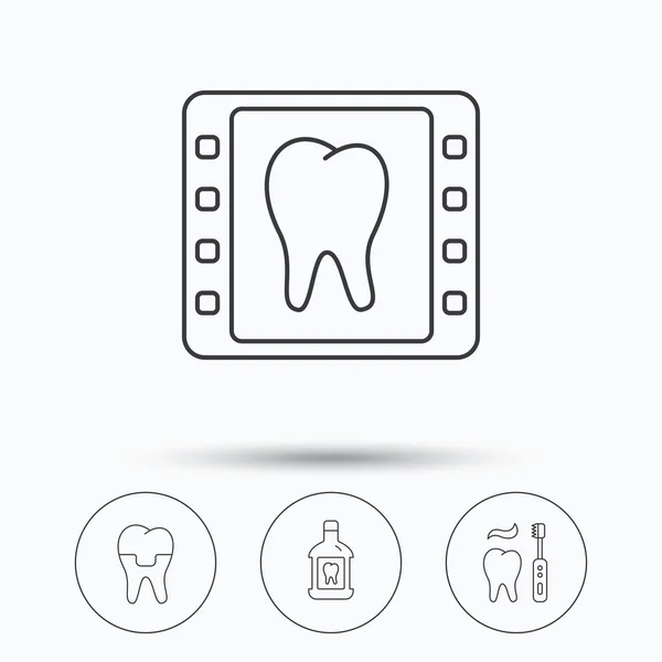 Иконки зубной короны, рентгеновские снимки и чистка зубов . — стоковый вектор
