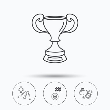 Kazanan cup, yarış zamanlayıcı ve bayrağı simgeleri.