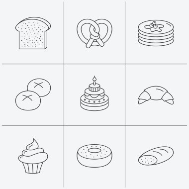 Kruvasan, simit ve ekmek simgeler. Cupcake.
