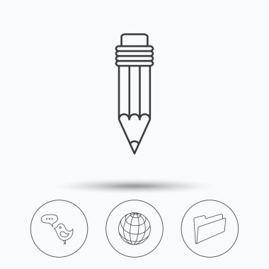 Kalem, mesaj ve dünya küre simgeleri.