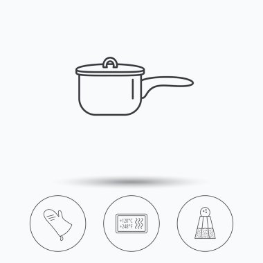 Tencere, potholder ve tuz simgeler.