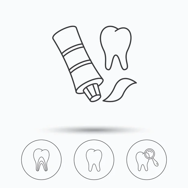 Dientes, diagnósticos dentales e iconos de pasta dental . — Vector de stock