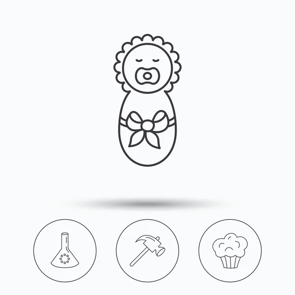 Icônes pour nouveau-nés, muffins et ampoules de laboratoire . — Image vectorielle