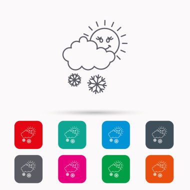 Güneş simgesi ile kar. Kar taneleri ve bulut işareti.