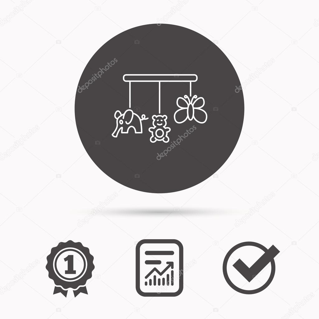 Baby toys icon. Butterfly, elephant and bear sign. Entertainment for newborn symbol. Report document, winner award and tick. Round circle button with icon. Vector