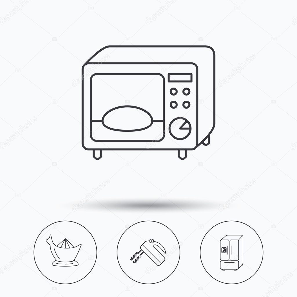 Microwave oven, American style fridge and blender icons. Juicer linear sign. Linear icons in circle buttons. Flat web symbols. Vector