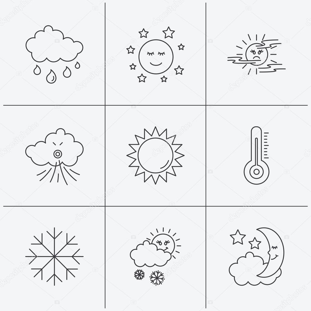 Weather, sun and rain icons. Moon night, clouds and mist linear signs. Wind and snowflakes flat line icons. Linear icons on white background. Vector