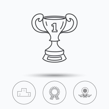 Kazanan Kupası, podyum ve ödül madalya simgeleri.