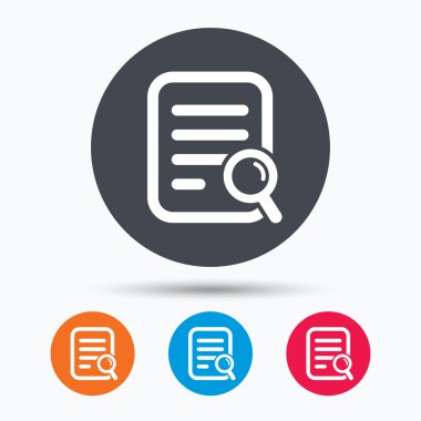 Dosya arama simgesi. Büyüteç ile belge sayfası.