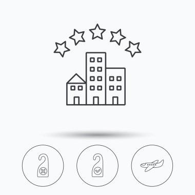 Otel, uçak ve temiz oda simgeleri.