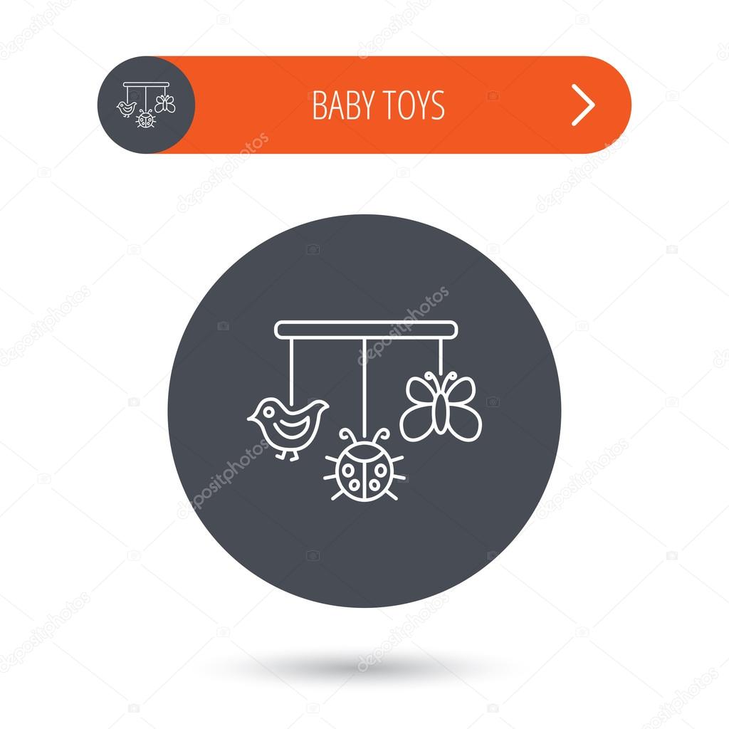 Baby toys icon. Butterfly, ladybug and bird sign. Entertainment for newborn symbol. Gray flat circle button. Orange button with arrow. Vector