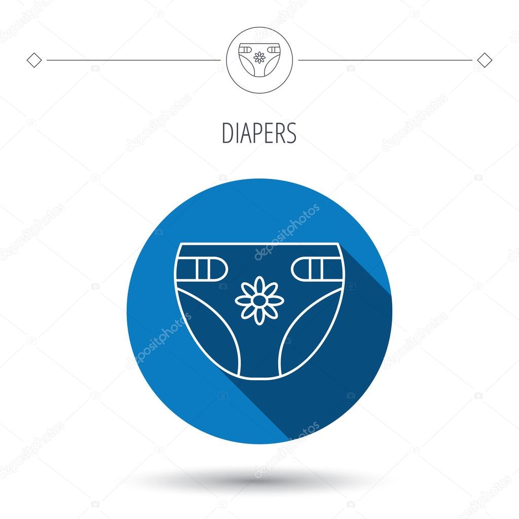 Diaper with flower icon. Child underwear sign. Newborn protection symbol. Blue flat circle button. Linear icon with shadow. Vector