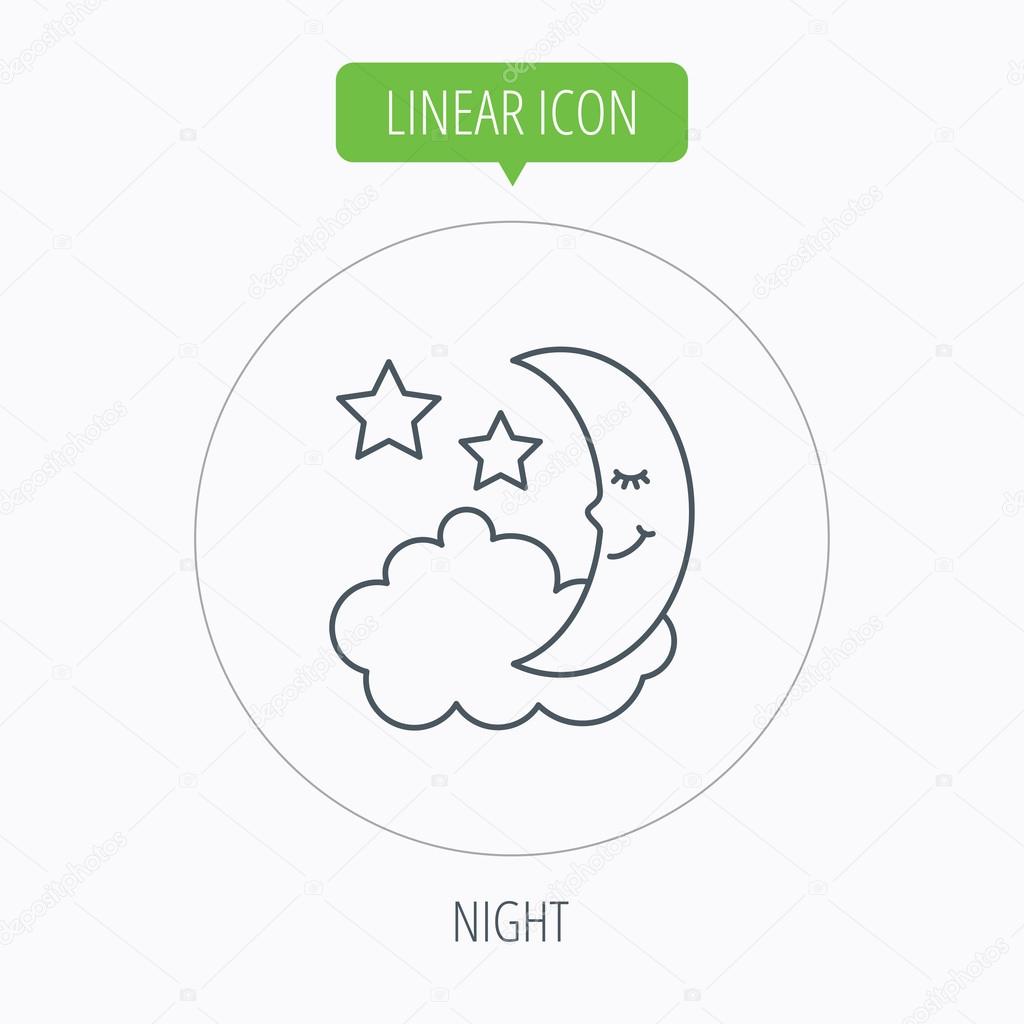 Night or sleep icon. Moon and stars sign. Crescent astronomy symbol. Linear outline circle button. Vector