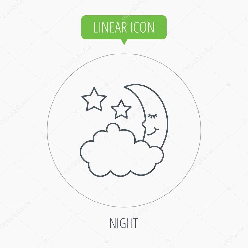 Night or sleep icon. Moon and stars sign. Crescent astronomy symbol. Linear outline circle button. Vector