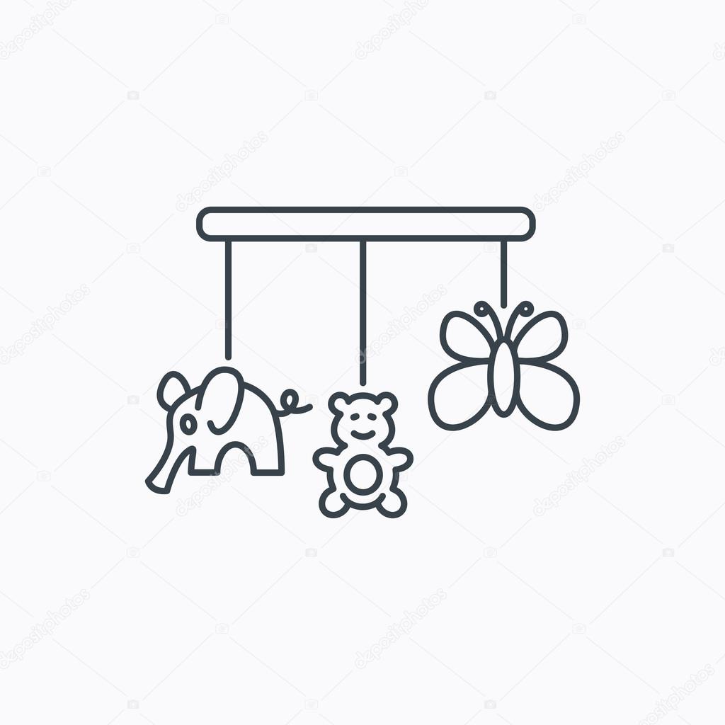 Baby toys icon. Butterfly, elephant and bear sign. Entertainment for newborn symbol. Linear outline icon on white background. Vector