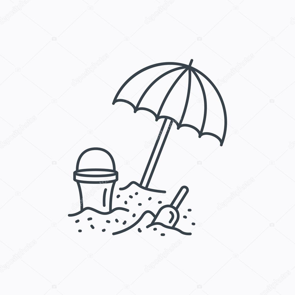Beach umbrella in sand icon. Bucket with shovel sign. Baby summer games symbol. Linear outline icon on white background. Vector