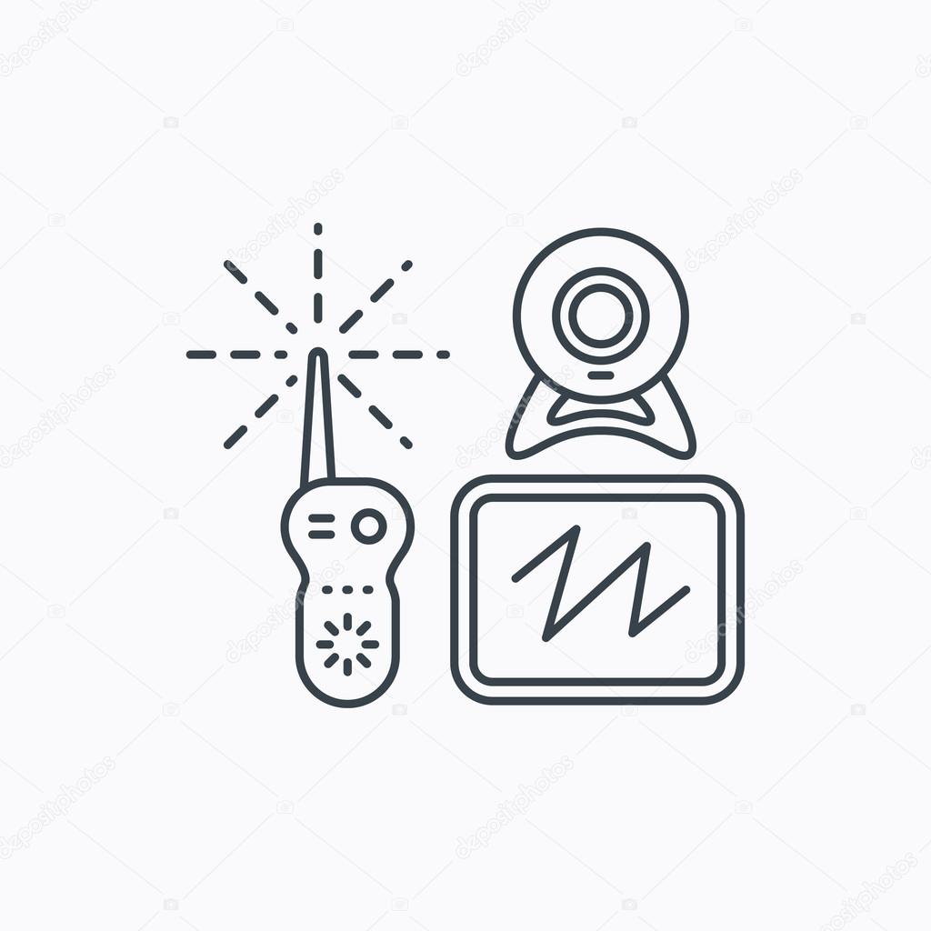 Baby monitor icon. Video nanny for newborn sign. Radio set with camera and tv symbol. Linear outline icon on white background. Vector