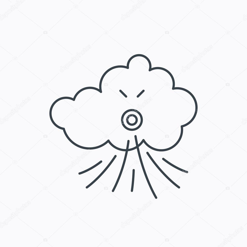 Wind icon. Cloud with storm sign. Strong wind or tempest symbol. Linear outline icon on white background. Vector